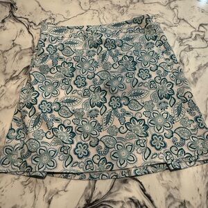 Floral Embroidered Mini Skirt - Teal and White
